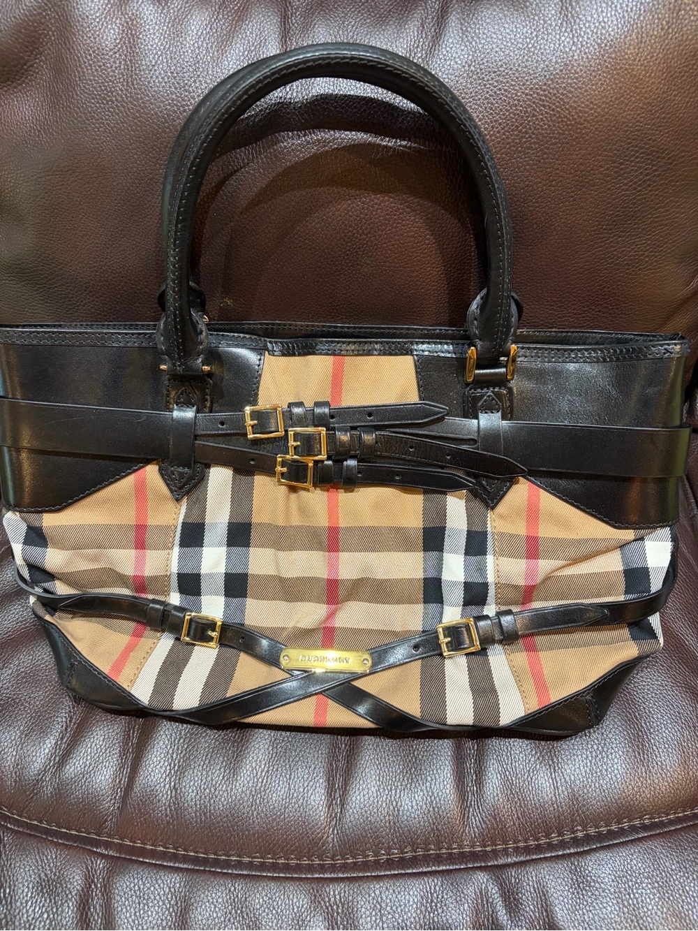 Burberry House Check Bridle Tote Black Leather Belted Gold Hardware